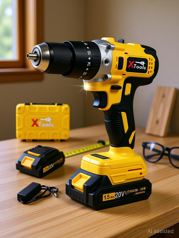 XTOOLS 1.5Ah Lithium Battery, 13mm Chuck, 60Nm Torque, 2-Speed 20V Brushless Cordless Drill Machine Kit Cordless Drill(10 mm Chuck Size)
