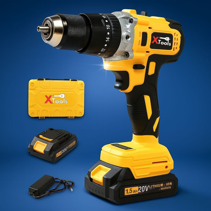 XTOOLS 1.5Ah Lithium Battery, 13mm Chuck, 60Nm Torque, 2-Speed 20V Brushless Cordless Drill Machine Kit Cordless Drill(10 mm Chuck Size)