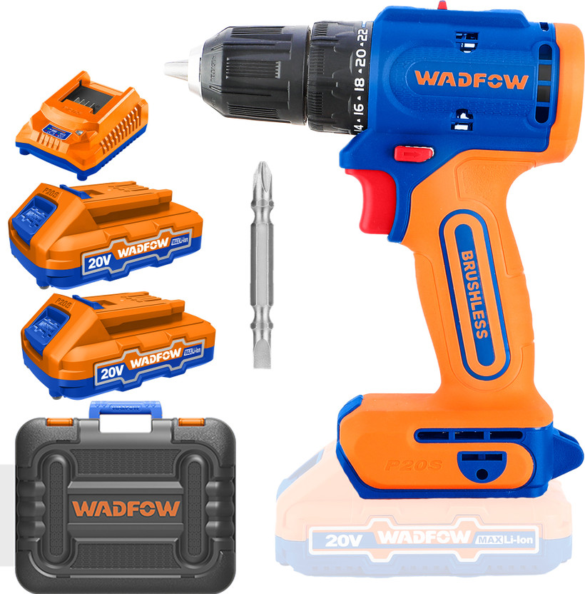 Wadfow 20V Cordless Drill Machine, 22+1, 50Nm, Spindle Lock, LED, 2-Speed 0-550/0-2000rpm with 2 Batteries and Charger, Carrying Case, Cordless Drill(10 mm Chuck Size)