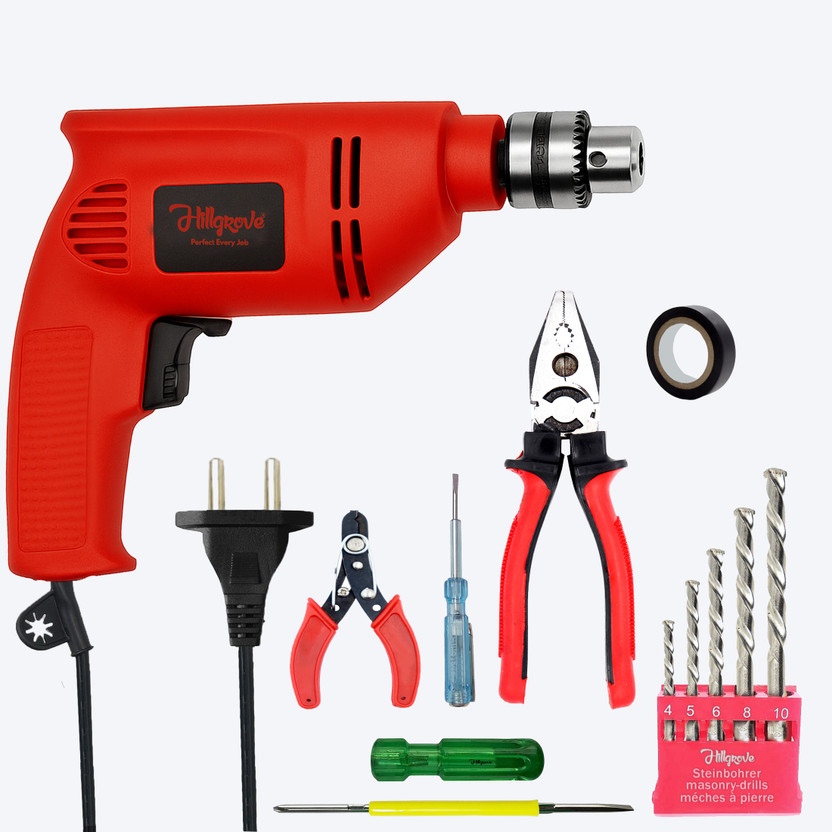 Hillgrove HGCM1377M1 600W 10mm 100% Copper Winding Electric Mini Screw Drilling Wall Hole HGCM1377M1 Small Power Drill Machine Kit Set for Home Use with Reverse Function Pistol Grip Drill(10 mm Chuck Size)