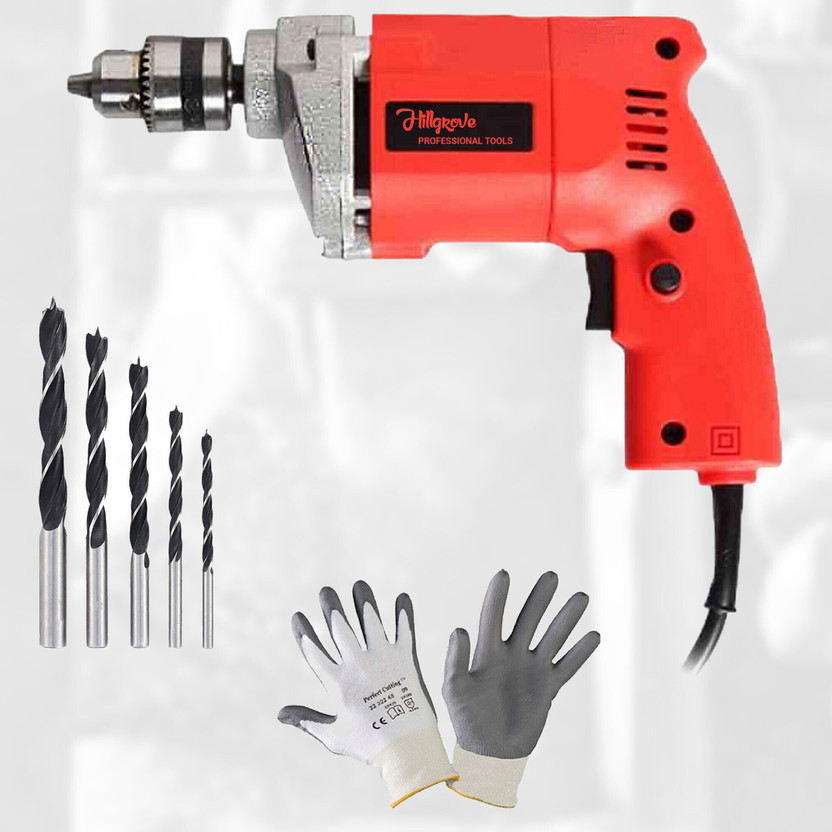 Hillgrove Heavy-Duty Electric Drill Machine with Multipurpose 100% Copper Winding HGCM1111M3 500W Drill Machine with 5Pcs Drill Bits Pistol Grip Drill(10 mm Chuck Size)