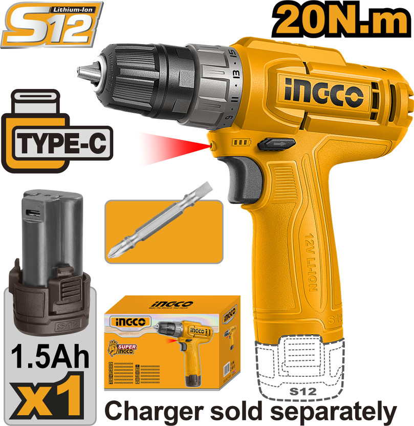 INGCO CDLI12456 Cordless Drill(10 mm Chuck Size)