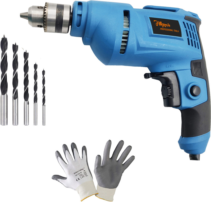 Hillgrove MCGH1097M1 500W Power Drill Machine with Gloves, 5Pcs Wood Drill Bits for Making Holes in Metal/Wood/Concrete with Reverse Rotation DP249 Pistol Grip Drill(10 mm Chuck Size)