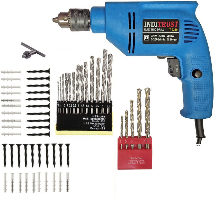 Inditrust Inditrust 6-Month Warranty 100% Copper Winding 400W 10mm Reversible drill machine with 5 Pcs Masonry & 13Pcs HSS bit 20pc Gitti +20pc Screw Pistol Grip Drill(10 mm Chuck Size) - Flipkart Deal