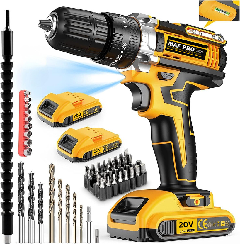 Maf Pro 20V Cordless Drill Brushless Copper Motor, Wall Drilling, With 2 Battery 20V Cordless Drill(10 mm Chuck Size)