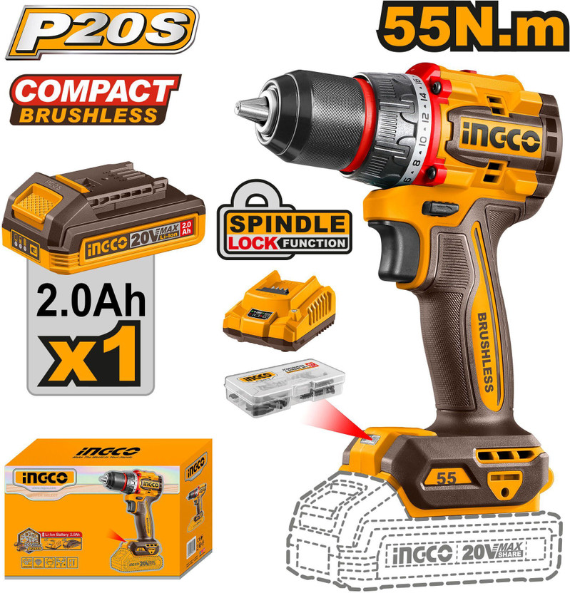 INGCO 55nm Compact Brushless CDLI205582 Cordless Drill(13 mm Chuck Size)