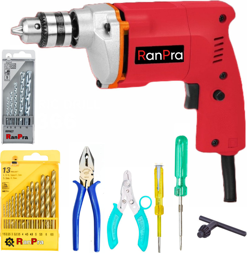 RanPra 6-Month Warranty machine 13pc HSS Plier 100% Copper Winding Masonry bit 2in1 Screwdriver Wire Cutter Claw Hammer Electric Tester (Pack of 8) Pistol Grip Drill(10 mm Chuck Size)