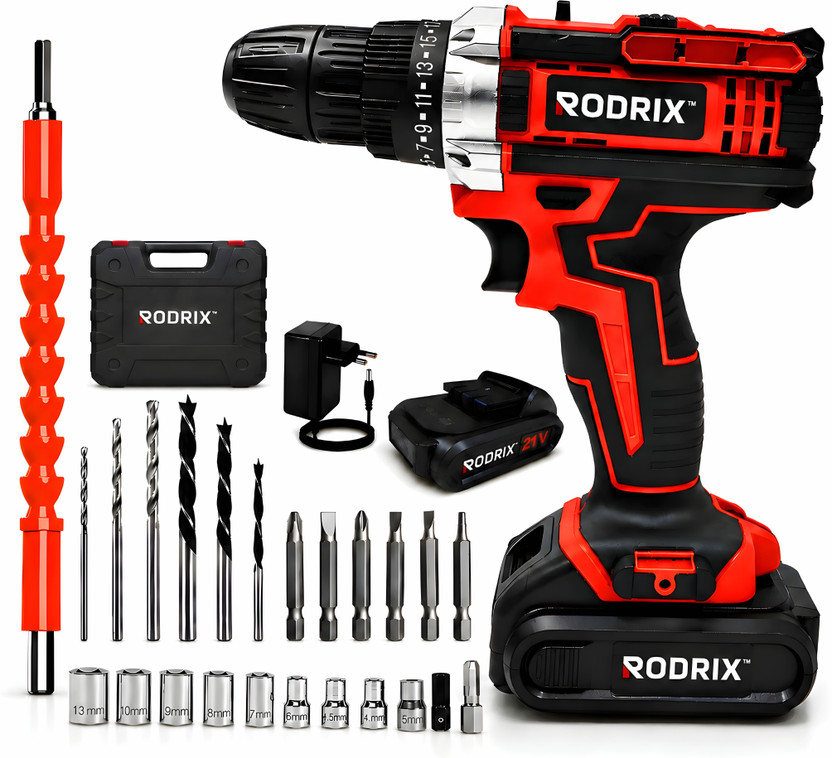 Rodrix 21V Cordless Drill Machine, 30Nm, 2-Speed, 10mm Chuck, LED Light, 2 Batteries Power & Hand Tool Kit(29 Tools)