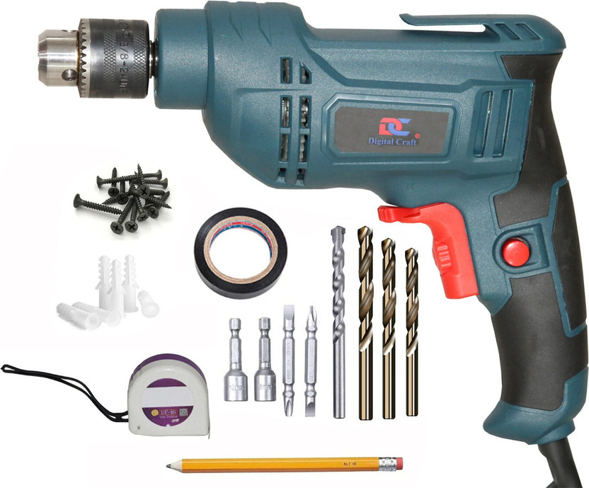 Digital Craft Electric 600w Reversible Drill Machine 10MM,PVC Tape Gypsum Screw Plug,Tape 3Mtr Power & Hand Tool Kit(1 Tools)