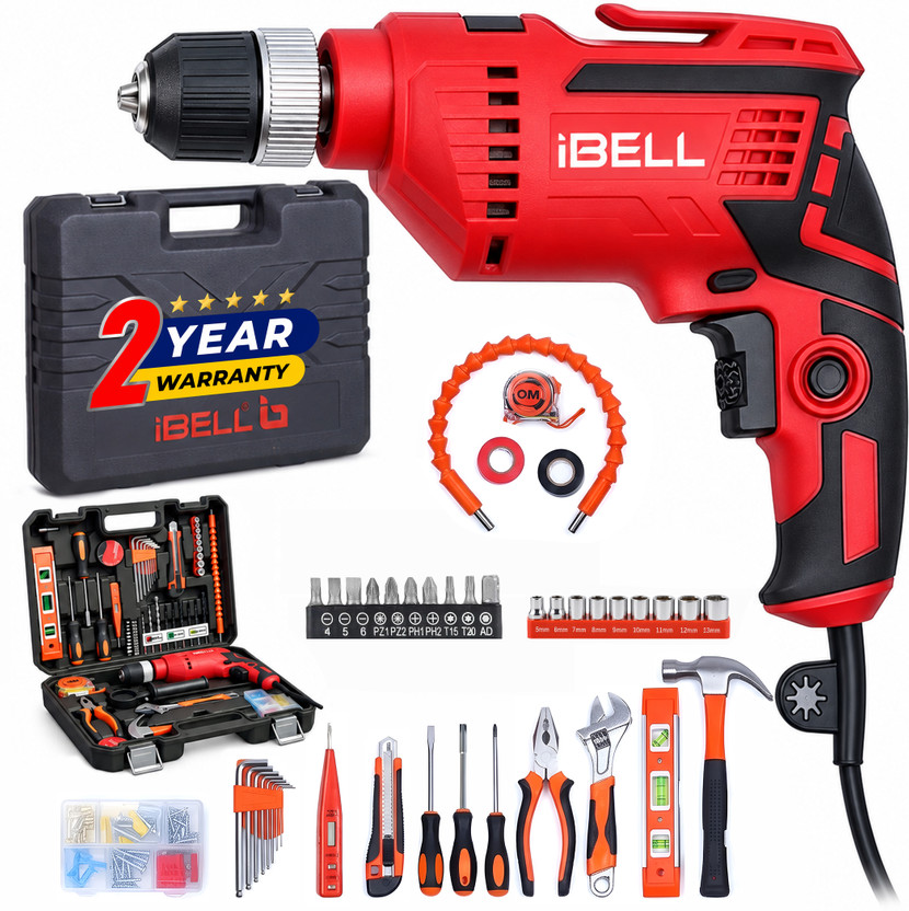 iBELL Tool Kit with Impact Drill TD13-100, 650W, Copper Armature, Chuck 13mm Keyless Power & Hand Tool Kit(115 Tools)