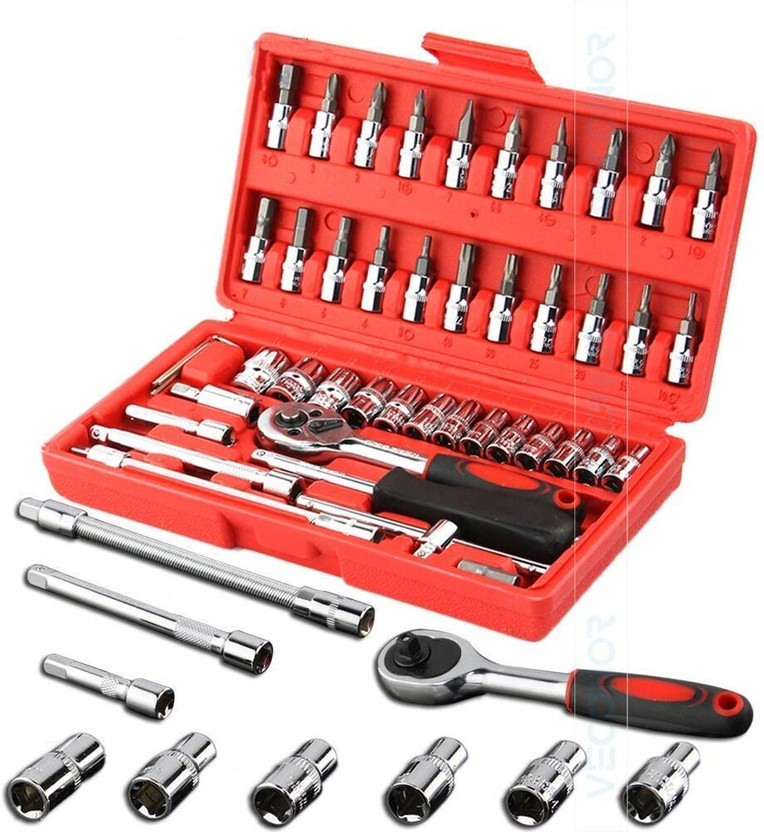 dhriyag 46 Piece 1/4" Socket Set Goti Pana with Ratchet Wrench For Car, Bike Hand Tool Kit(46 Tools)