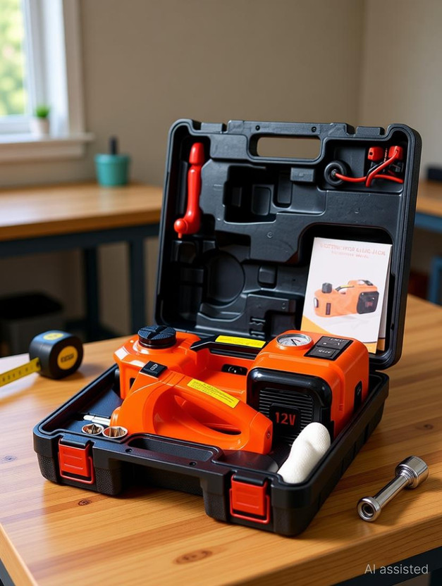 VOLTZ TY45HJ WRENCH 12V DC 5.0T (11000 lb) Electric Hydraulic Floor Jack and Tire Inflator Pump and LED Flashlight 3 in 1 Set with Impact Car Repair Tool Kit Power & Hand Tool Kit(3 Tools)