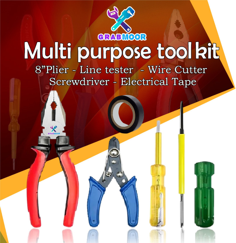GrabMoor TK-03 8"inch Lineman Plier with Wire Cutter,Line Tester, 2in1 Screwdriver Tape Hand Tool Kit(5 Tools)