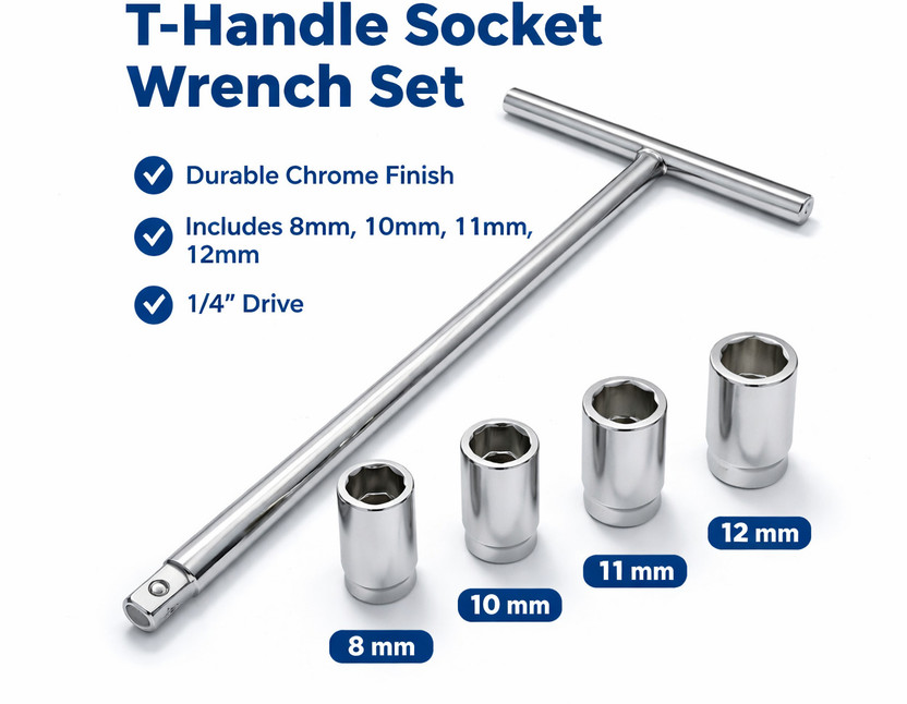HARSHVANI T-Handle Socket Wrench Set, 1/4" Drive with 8mm 10mm 11mm 12mm Sockets Socket Set(Pack of 5)
