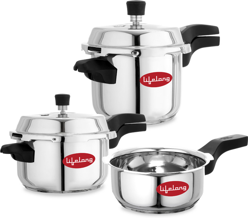 Lifelong Set of 3 | Induction & Gas Stove Compatible with Outer Lid 2 L, 3 L, 5 L Outer Lid Induction Bottom Pressure Cooker(Stainless Steel)