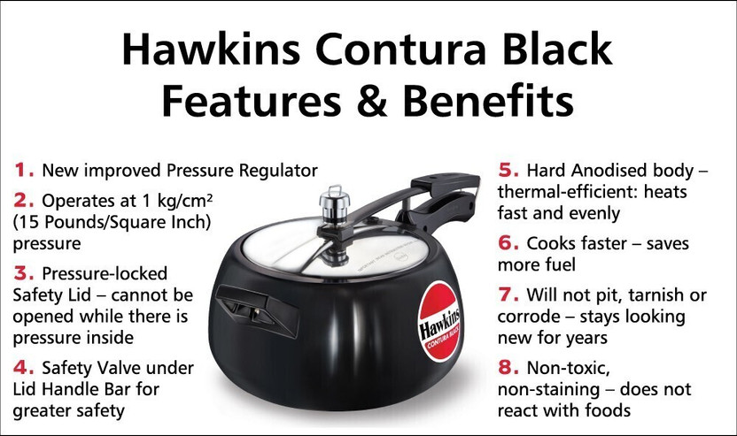 Hawkins Contura Black (CB50) 5 L Inner Lid Pressure Cooker(Hard Anodized)