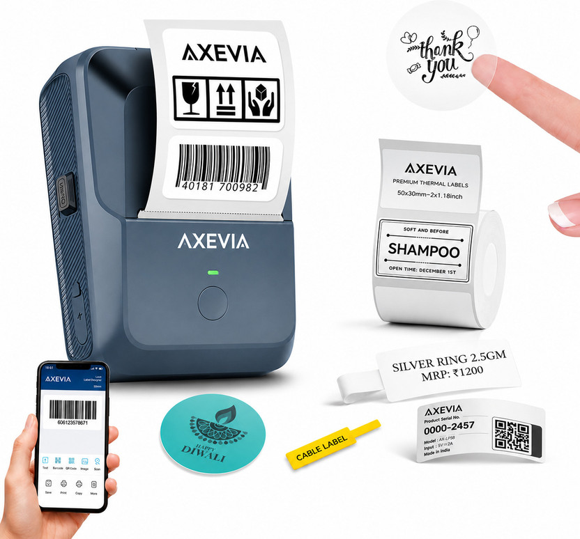 Axevia Bluetooth Mini Thermal Label Printer for Business Office Home | Inkless Thermal Multi-function Monochrome Label Printer(Label Roll)