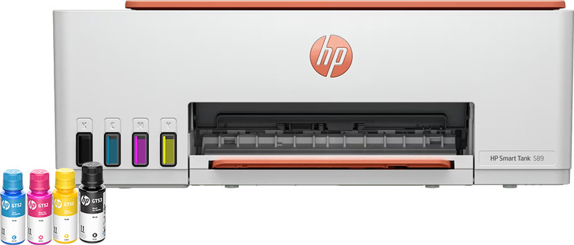 HP Smart All In One 589 Multi-function WiFi Color Ink Tank Printer (Color Page Cost: 0.67 Rs. | Black Page Cost: 0.47 Rs.) Print, Copy & Scan, Up to 12 IPM Mono / 5 IPM Color, Yield: Up to 4,000 Black / 6,000 Color Pages, In-Box Ink Included(4 Ink Bottles Included)