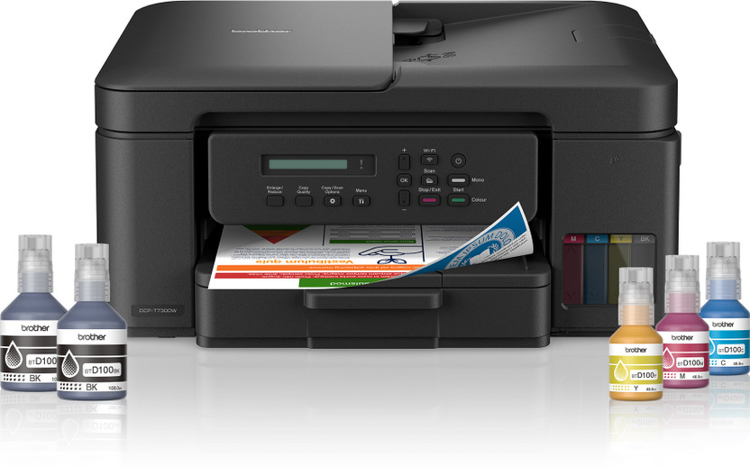 brother DCP-T730DW Multi-function WiFi Color Ink Tank Printer (Color Page Cost: 0.4 Rs. | Black Page Cost: 0.1 Rs. | Borderless Printing) Print, Copy & Scan, Auto Duplex, ADF Supported, Up to 16 IPM Mono / 15 IPM Color, Yield: Up to 7,500 Black / 5,000 Color Pages(5 Ink Bottles Included)
