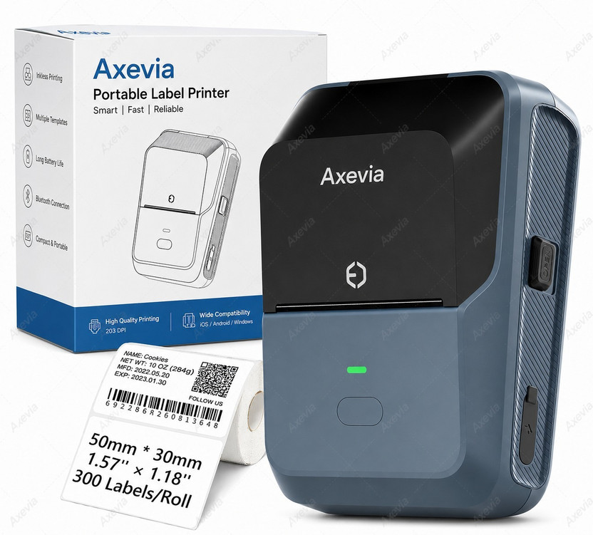 Axevia Bluetooth Thermal Label Printer for Business Inkless Mini | Batch Cloud Printing Multi-function Monochrome Label Printer(Label Roll)