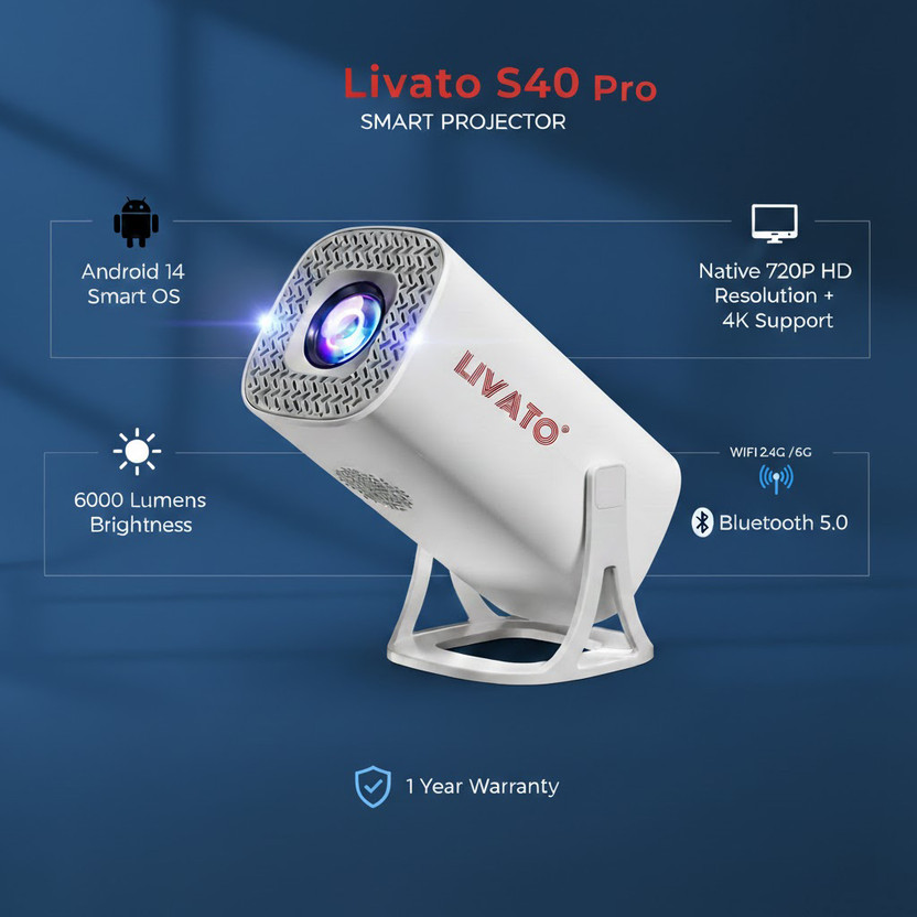 Livato S40 Pro 1GB/8GB,4K Support Android 14 WiFi6/BT5.0 Auto Keystone Projector (6000 lm / 1 Speaker / Wireless / Remote Controller) Portable Projector(White)