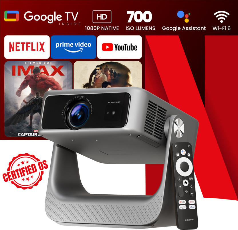 Egate Zen 7X Auto Projector,Google TV, Dustfree,Dolby Audio|1080p Native,Voice Remote (15000 lm / 1 Speaker / Remote Controller) Portable Built-in OTT Netflix, Prime, Hotstar Dual WiFi, Bluetooth 5.2, Home Theater Experience Projector(Grey)