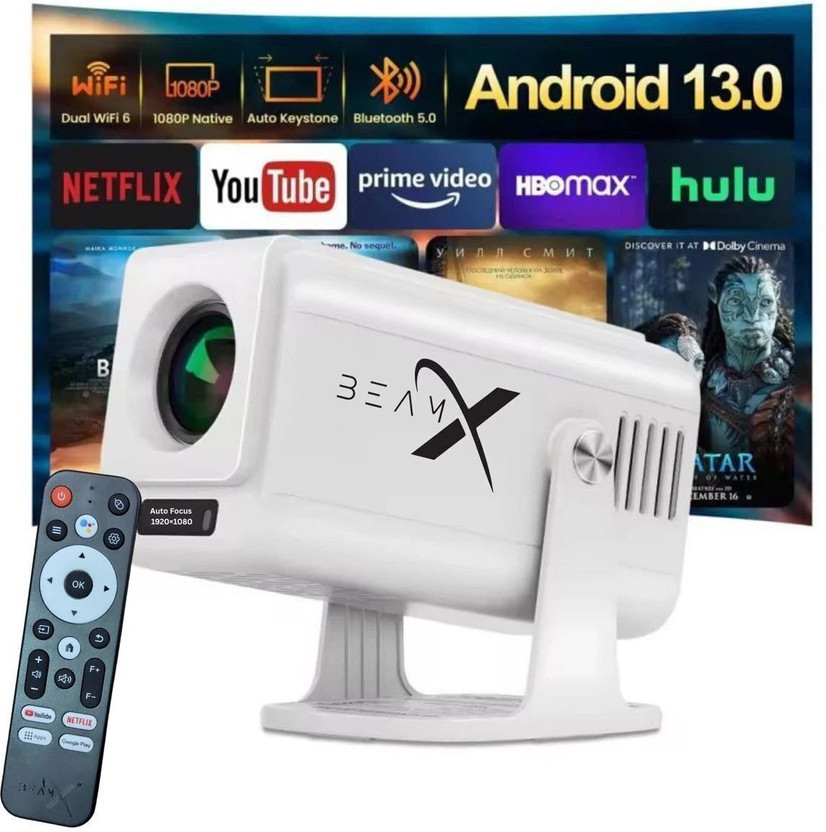 BeamX Thunder Pro 300"Display Google Assistant Autofocus 4X Brighter Dust-Filter NewUI (13500 lm / 1 Speaker / Wireless / Remote Controller) Portable Projector(White, Black/White)