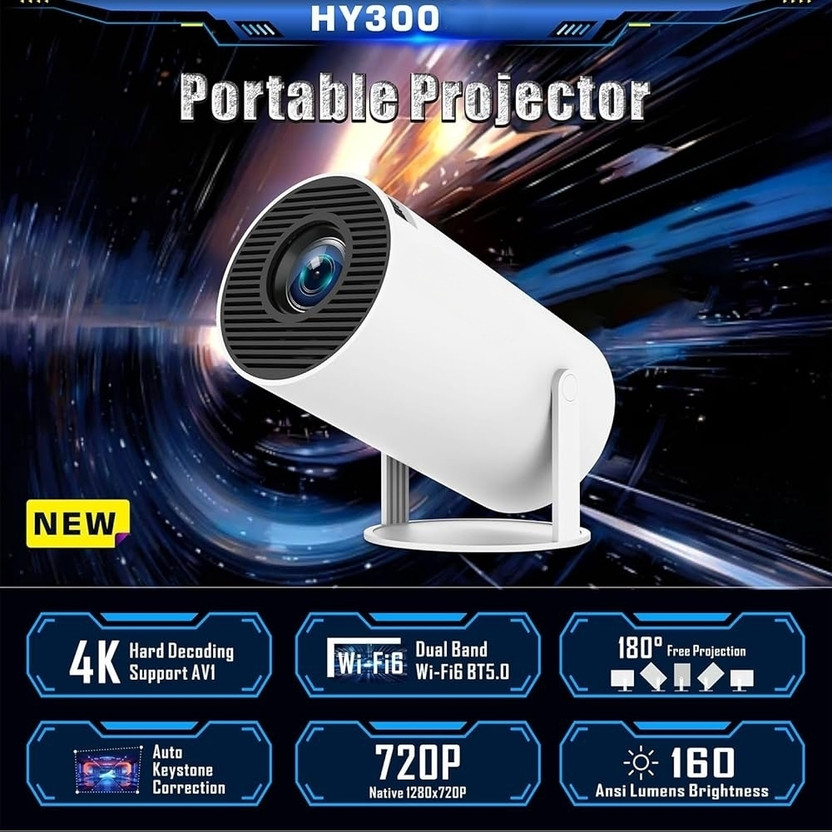 roxfire HY300 Smart Portable Android 11 Mini Projector, 220 ANSI, 4K/1080P, Wi-Fi. (30000 lm / Wireless / Remote Controller) Portable Projector(White)