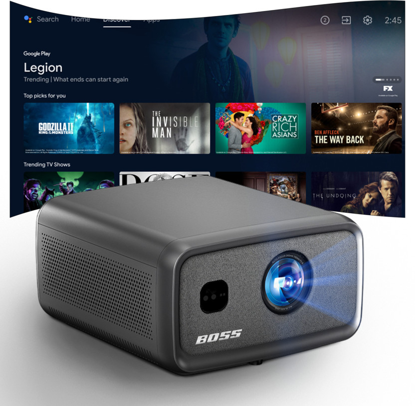 Boss Projector S8A Pro 4K 3D HDR10+/HLG Smart Projector | 25,000 Lumens | 4GB RAM 128GB ROM | (25000 lm / 2 Speaker / Wireless / Remote Controller) Portable Projector(AI Auto Focus & 6D Keystone, HDMI ARC, Sealed Engine, Ultra Bright)