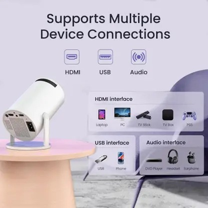 NKY Projector Android 4K 1080P Support with 4D Keystone and 270 Degree Rotation (2000 lm) Portable Projector(White)