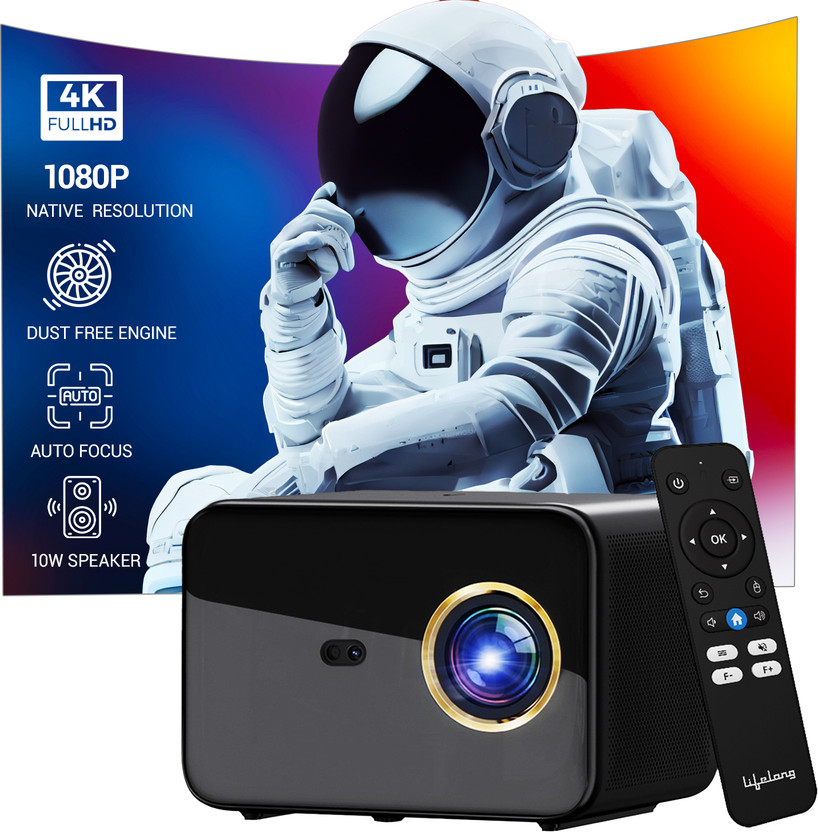 Lifelong SmartStream (7000 lm / 2 Speaker / Wireless / Remote Controller) Portable Android 1080p Full HD with 4k, Upto 150-inch Display, Auto Focus Enabled , Inbuilt Speaker, Bluetooth, Wi-Fi, Smart Apps Support like Netflix, Prime, Youtube Home Projector(Black)
