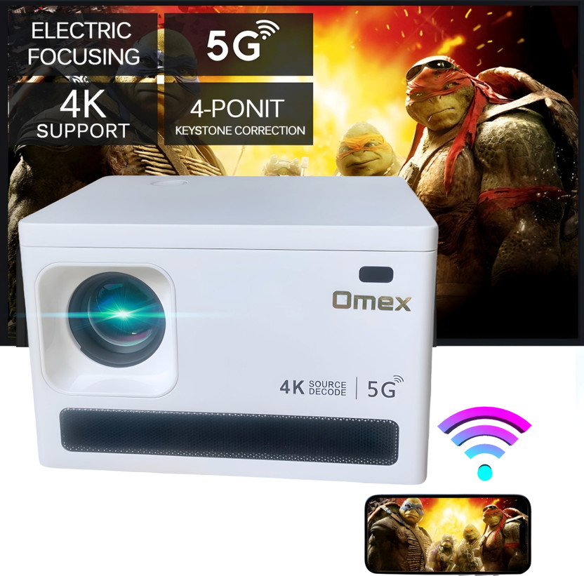 Omex 4K Decoding Android Wifi6 BT 5.1 Short Throw 6D Keystone Dolby Dual Wi-Fi (3800 lm / 2 Speaker / Wireless / Remote Controller) Portable Projector(White)