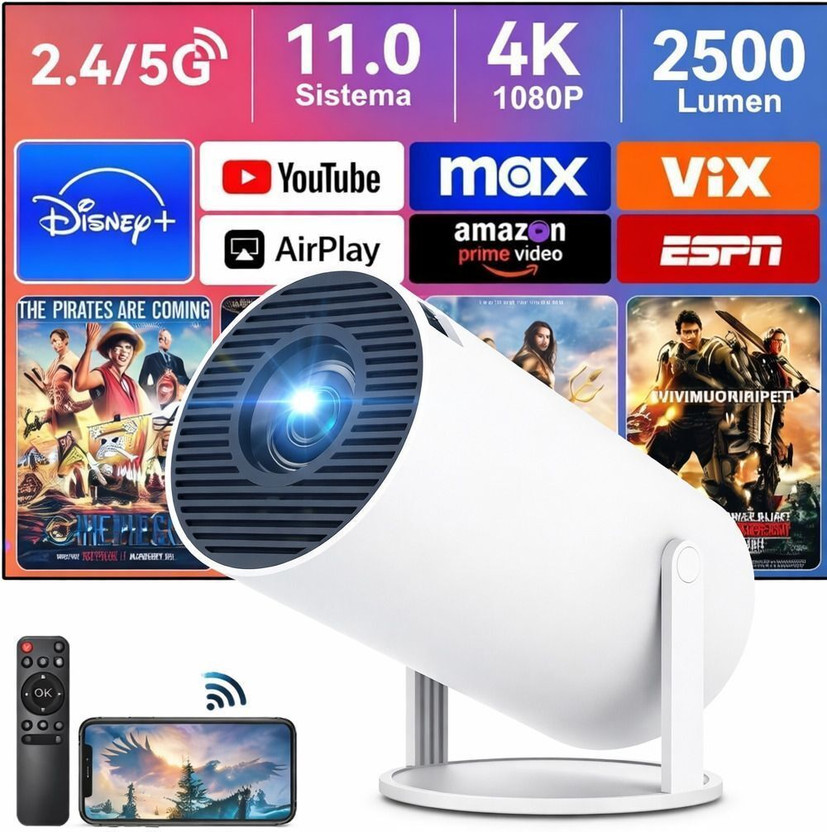 WELITRO HY300 Smart 4K Mini Projector 180° Rotatable 1080P FHD Support Cinema Projector (4500 lm / 1 Speaker / Wireless / Remote Controller) Portable Projector(White)