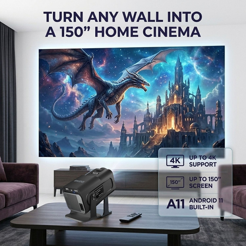 SKOG 4K Support Native HD Android 11 WiFi 6/BT 5.0 Freestyle Auto Keystone (4500 lm / 1 Speaker / Wireless / Remote Controller) Portable Projector(Black)
