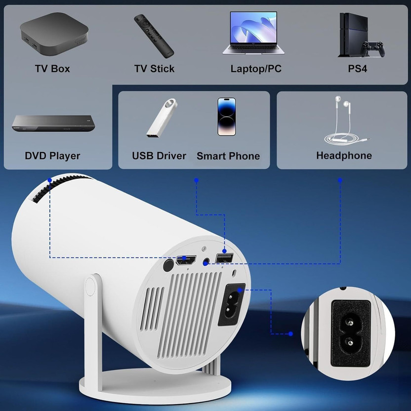VYNEX Portable Android Projector 4K Support, 1080P, White (5500 lm / 1 Speaker / Wireless / Remote Controller) Portable Projector(White)