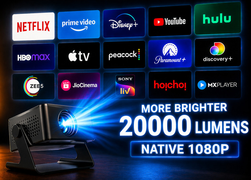 Reysol Projector|Native 1080P|4K Support|WiFi|Miracast|Brighter 20000 lumens|Auto Keyst (20000 lm / 1 Speaker / Wireless / Remote Controller) Portable Projector(Black)