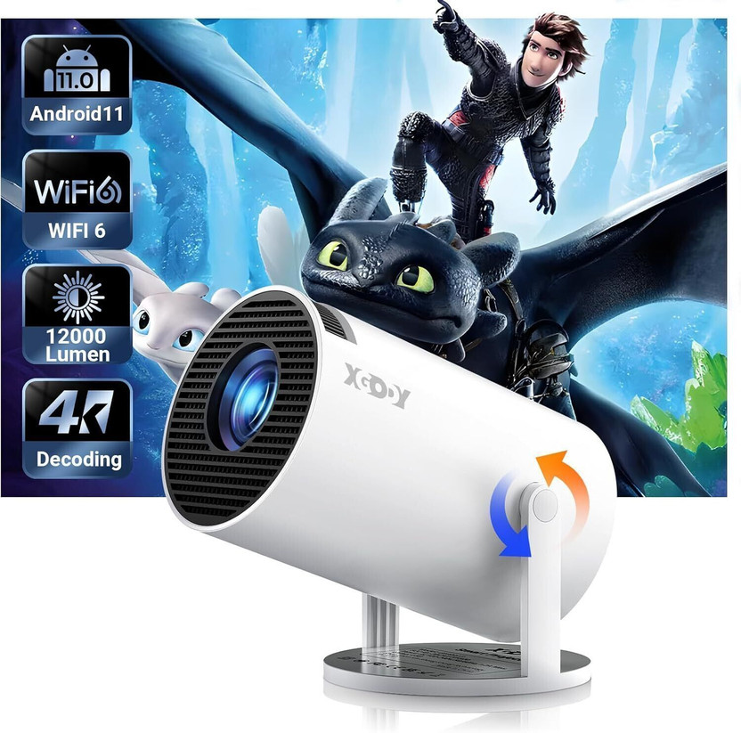 Prizmos New HY300 4K Android 11 Mini Projector HD 1GB RAM 8GB ROM WiFi Bluetooth (5000 lm / 1 Speaker / Wireless / Remote Controller) Portable Projector(Pearl White)