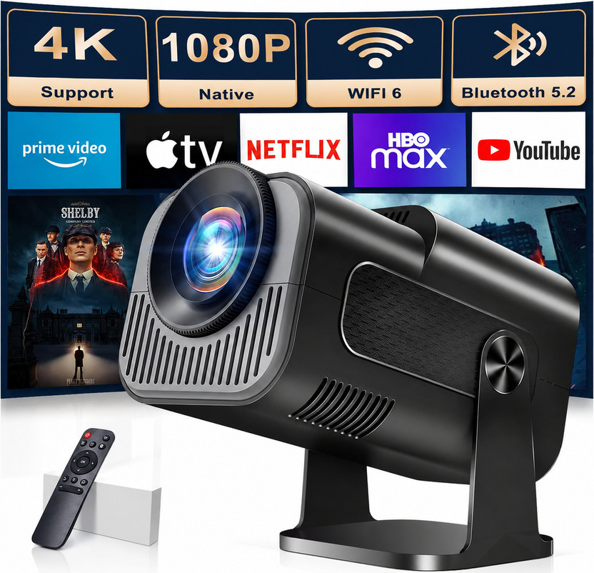 Projevox HY320 4K Mini Projector Android 11 WiFi Auto Keystone 180° Rotation 2026 (5000 lm / 1 Speaker / Wireless / Remote Controller) Portable Projector(Black)