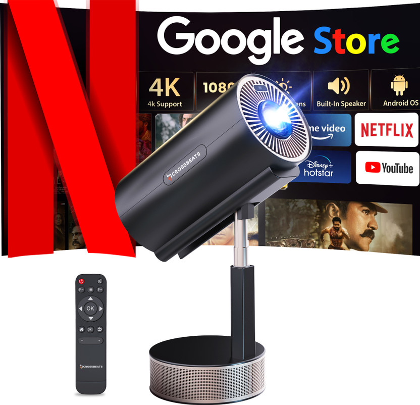 CrossBeats Lumex Pro Smart 4k Ultra HD, Native 1080P, (14000 lm / 1 Speaker / Wireless / Remote Controller) Portable Android 13 Built-in Apps Netflix, Prime, 300" Wide Display Projector(Black)