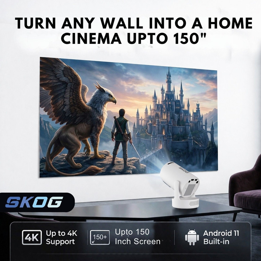 SKOG Smart Projector, 4K HD Wifi6/BT5, Android11, 180 Degree Rotation & Auto Keystone (4500 lm / 1 Speaker / Wireless / Remote Controller) Portable Projector(White)