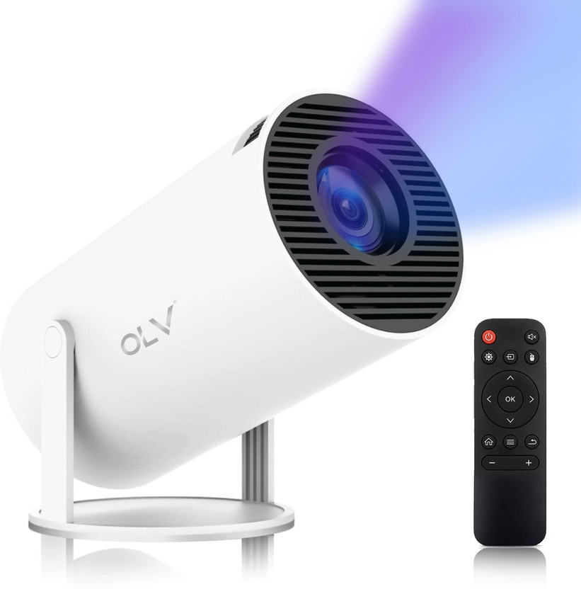 OLV Portable Mini Projector, 4K 1080P Full Smart HD, WiFi 5G BT 5.0 with 180° rotate (6000 lm / Remote Controller) Portable Projector(Off-White)