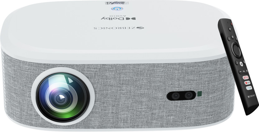 ZEBRONICS ZEB-PIXAPLAY 28 (18000 lm) 1080p FHD, 508 cm Screen, Dolby Audio, Auto Focus, Auto Keystone, HDMI (ARC), Miracast, Dual Band, 30,000 Hour Lamp Life, OTT Apps Support : Netflix, Amazon Prime, YouTube Smart Projector(White + Grey)
