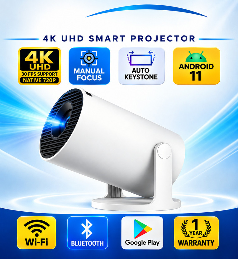 TOPVIEW HY300PRO+ 4500 Lumens | Android 14 | Native 720P | 4K Video Support | Miracast (4500 lm / 1 Speaker / Wireless / Remote Controller) Portable Projector(White)
