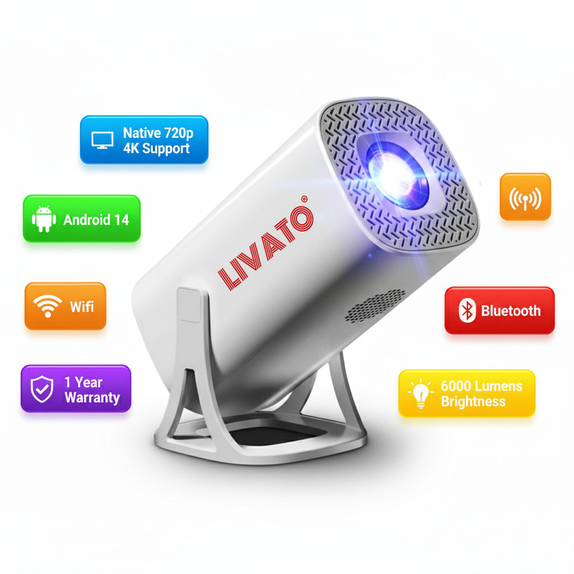 Livato S40 4K Support Native HD Smart Android 14 |6000 Lumens|Wifi |BT | Auto Keystone (6000 lm / 1 Speaker / Wireless / Remote Controller) Portable Projector(White)