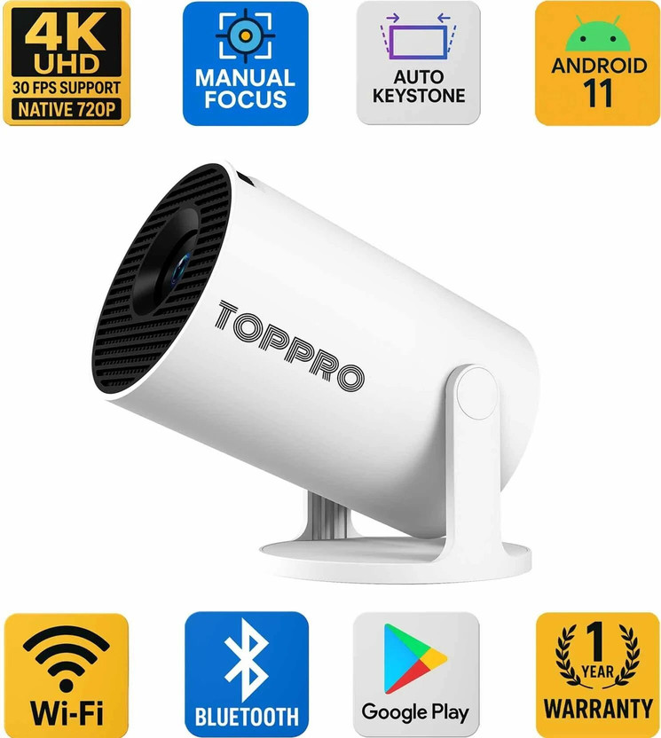 TOPPRO HY300PRO+ | 4K Support Android Projector | Native 720p | Freestyle WiFi Miracast (4500 lm / 1 Speaker / Wireless / Remote Controller) Portable Projector(White)