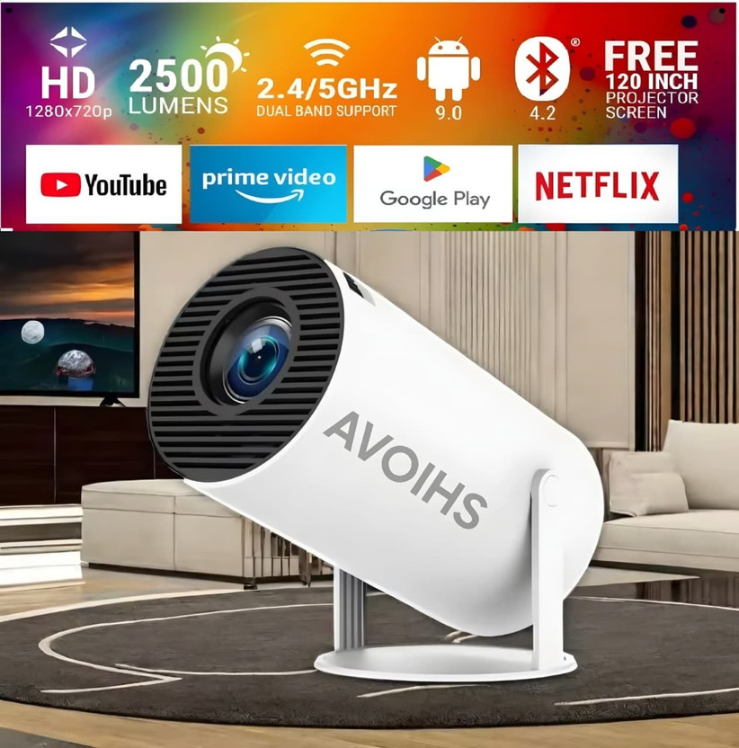 AVOIHS Portable Projector Beem 440 Remote Controller Smart LED 4K FULL HD Resolution (4500 lm / 1 Speaker / Wireless / Remote Controller) Portable Projector(White)