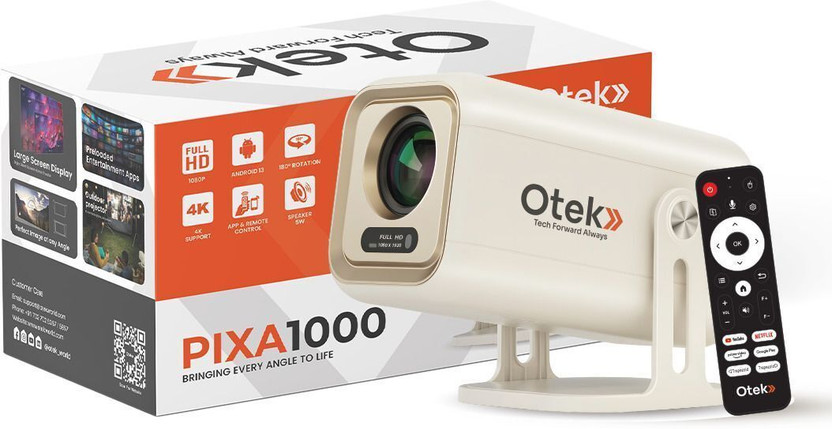 OTEK PIXA Full HD Projector | 1080P , 4K support | Android 13 | Auto Focus & Keystone (7000 lm / 1 Speaker / Wireless / Remote Controller) Portable Projector(Beige)