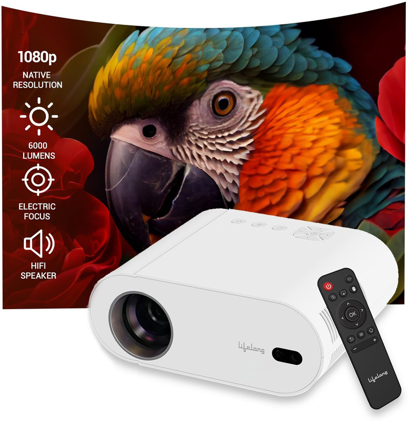Lifelong TruePixel (6000 lm / 1 Speaker / Wireless / Remote Controller) Portable Android 1080p Native Full HD with 4K - Upto 150-inch Display, Inbuilt Speaker, Bluetooth, Wi-Fi, Smart Apps Support like Netflix, Prime, Youtube Smart Home Projector(White)