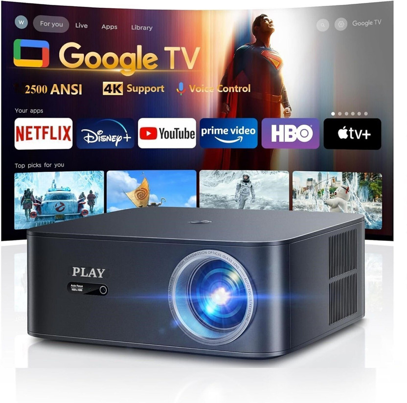 PLAY Smart 4K 3D Android WiFi BT with HDMI-ARC USB Certified GOOGLE TV Dolby (25000 lm / Wireless / Remote Controller) Projector(Black)