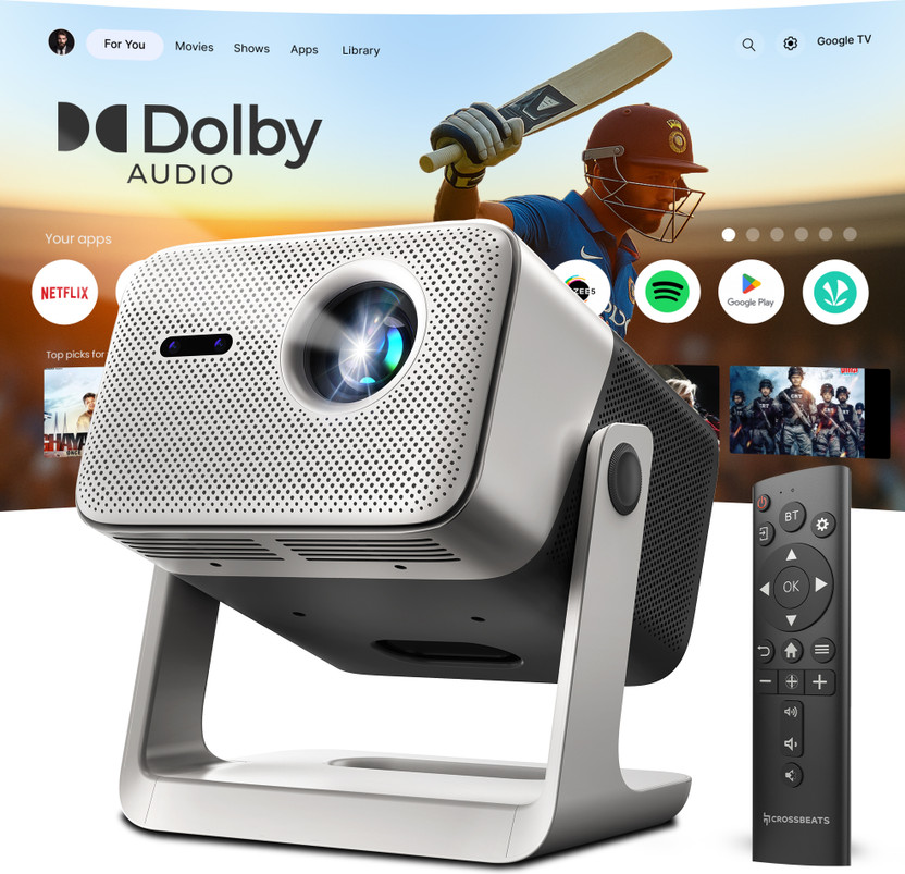 CrossBeats Lumex Vista 1200 ANSI 4K Ultra HD[Dolby Audio Official]1080p Native, Android TV (18500 lm / 2 Speaker / Wireless / Remote Controller) Portable Portable Home Theater Cinema, Smart mini with Built-in Apps, 300''Display Projector(White)